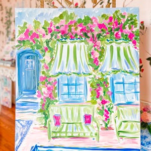 Poolside Place Original Art, Vibrant Vacation Painting, bougainvillea art, Colorful resort painting, Colorful Preppy Artwork, 24x30 Unframed