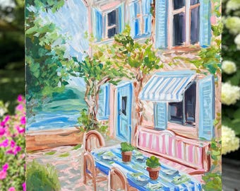 The Villa Original Art, Vibrant Vacation Painting, European vacation art, Colorful resort painting, Colorful Preppy Artwork, 24x36 Unframed