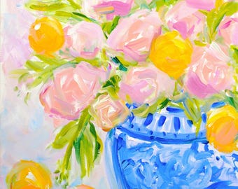 Chinoiserie Bouquet + Citrus Print on Paper or Canvas, Impressionist Bouquet Artwork, Blue China Vase Flower Painting, Ginger Jar Artwork