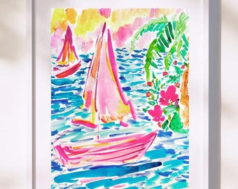 Coastal Watercolor Print on paper Unframed, nautical wall art, preppy colorful art prints, colorful abstract wall prints, sailboat art