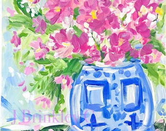 10x10” Chinoiserie Bouquet + Pink Florals Original Painting, Impressionist Artwork, Blue China Vase Flower Painting, Ginger Jar Art Unframed