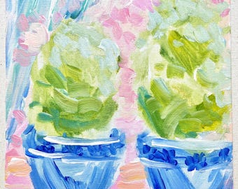 8x8” Chinoiserie + Topiaries Original Paintings, Impressionist Artwork, Blue China Vase Flower Painting, Ginger Jar Art,