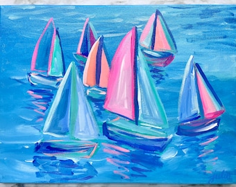 Let’s Set Sail, Bright Original Painting Unframed, Nautical Painting, Sailboat Painting, Colorful Beach Art, Boat Painting, Ocean Artwork