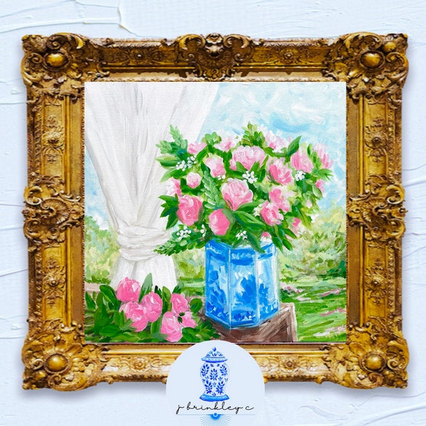 Pretty Pink Roses & Chinoiserie Original Painting