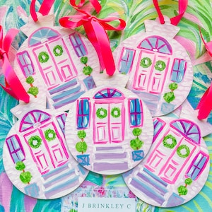 Hand Painted Ornament, preppy ornament, Christmas ornament sets, pink house ornament, Charleston house ornament, painted lady house ornament