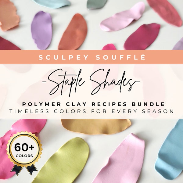 Lot de 60 recettes de couleurs en pâte polymère et plus | Recettes de colorants Souffle Sculpey | Tutoriels sur la pâte polymère | Palette de couleurs | Coupeurs d'argile