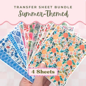 May include: A collection of summer-themed transfer sheets featuring diverse, colourful patterns such as floral, citrus, and nautical motifs. The text "TRANSFER SHEET BUNDLE" and "Summer-Themed" are displayed. The image also shows "4 Sheets".