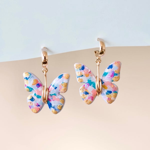 Spring Earrings | Cute Butterfly Hoops | Polymer Clay Earrings | Wire Wrapped Jewelry | Cute Clay Earrings | Dainty Butterfly Earrings