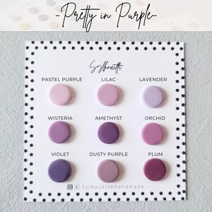 Pode incluir: Uma carta de cores de tons de roxo com os nomes "Pastel Purple", "Lilac", "Lavender", "Wisteria", "Amethyst", "Orchid", "Violet", "Dusty Purple" e "Plum".