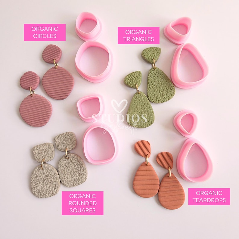 May include: A collection of handmade polymer clay earrings in various shapes and colors, including pink, green, and terracotta. The earrings are displayed with matching pink clay cutters labeled "Organic Circles," "Organic Triangles," "Organic Rounded Squares," and "Organic Teardrops."