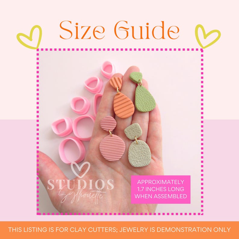 May include: Image shows a size guide for clay cutters. The image features several pairs of colorful, textured earrings in shades of pink, orange, and green. The earrings are approximately 1.7 inches long when assembled. Pink clay cutter shapes are also visible.