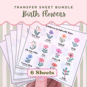 May include: A collection of six transfer sheets displaying birth flowers, such as Snow Drop, Violet, Daffodil, Daisy, Lily of the Valley, Rose, Water Lily, Poppy, Morning Glory, and Holly. Each sheet is labelled with the month and flower name.