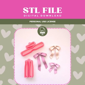 May include: Two pink plastic cookie cutters in the shapes of a long horizontal bar and a vertical bottle, alongside three finished bow shapes in light pink, mauve, and light purple. The text STL FILE DIGITAL DOWNLOAD PERSONAL USE LICENSE is visible.