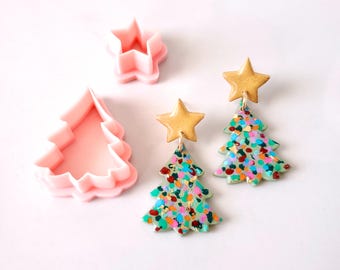 クリスマスツリーとスターポリマークレイイヤリングカッターセット | クリスマスクレイカッター | ホリデー | 冬 | 気まぐれ | かわいい