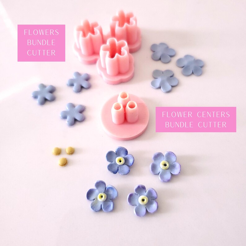 May include: A set of pink flower and flower center cookie cutters with a variety of blue and yellow fondant flowers and flower centers. The text "FLOWERS BUNDLE CUTTER" and "FLOWER CENTERS BUNDLE CUTTER" is visible in the image.