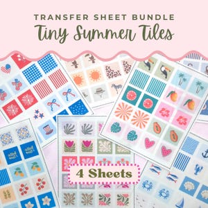 May include: A transfer sheet bundle titled Tiny Summer Tiles containing 4 sheets of small square decals. The designs feature various summer-themed illustrations including tropical fruits, marine life, patriotic symbols, flowers, and geometric patterns.