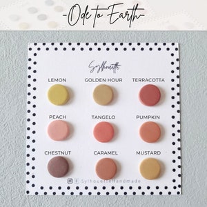 Pode incluir: Um cart&atilde;o branco com as palavras "Ode to Earth" e "Sylhouette" impressas nele. O cart&atilde;o mostra nove brincos redondos de argila em v&aacute;rios tons de marrom, laranja, amarelo e rosa. Cada brinco &eacute; etiquetado com um nome de cor, como "Lemon", "Golden Hour", "Terracotta", "Peach", "Tangelo", "Pumpkin", "Chestnut", "Caramel", e "Mustard".