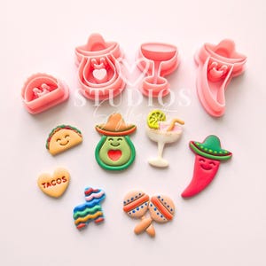 May include: A set of 10 colorful cookie cutters and fondant toppers featuring a fiesta theme. The cutters include a margarita glass, a sombrero, a taco, an avocado, a chili pepper, a maraca, and a pinata. The toppers include a taco, an avocado, a chili pepper, and a maraca.