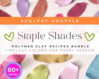 May include: A collection of polymer clay in various colors, including pink, blue, green, and brown. The image includes the text "Sculpey Souffle Staple Shades Polymer Clay Recipes Bundle Timeless Colors for Every Season 60+ Colors".