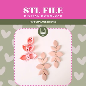 Könnte beinhalten: Eine digitale STL-Datei zum 3D-Drucken mit drei rosafarbenen blattförmigen Ausstechformen und zwei fertigen hellrosa Ohrhängern im Blattdesign. Der Text lautet STL FILE, DIGITAL DOWNLOAD und PERSONAL USE LICENSE.