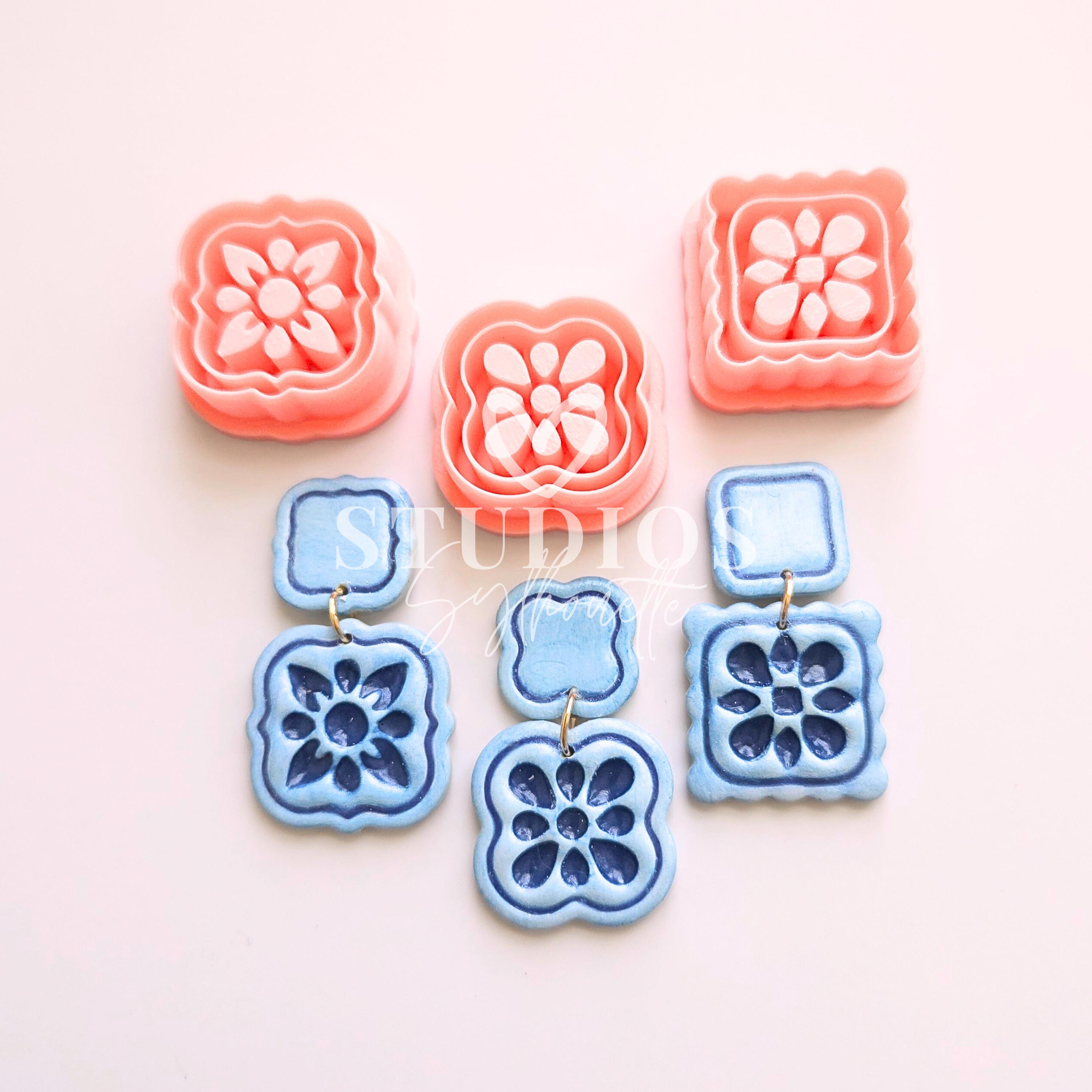 Floral Tile Clay Cutters: Polymer Clay Earring Embossed Set
