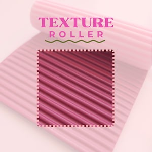May include: A pink texture roller with a ribbed surface, partially rolled up. The words "TEXTURE ROLLER" are displayed in pink above the roller, with a green wavy line underneath. A close-up of the ribbed surface is in a pink dotted square.