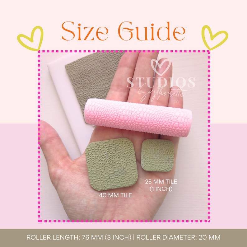 May include: A pink textured roller, two green textured tiles, and samples of textured clay are displayed. The text "Size Guide" is at the top. The roller is 3 inches long, and the tiles are 1 inch and 40 mm. The roller diameter is 20 mm.