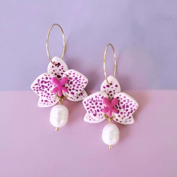 Spotted Orchid Earrings | Spring Earrings | Hoop Earrings | Cute Fower Earrings | Polymer Clay Earrings | Floral Earrings | Floral Hoops