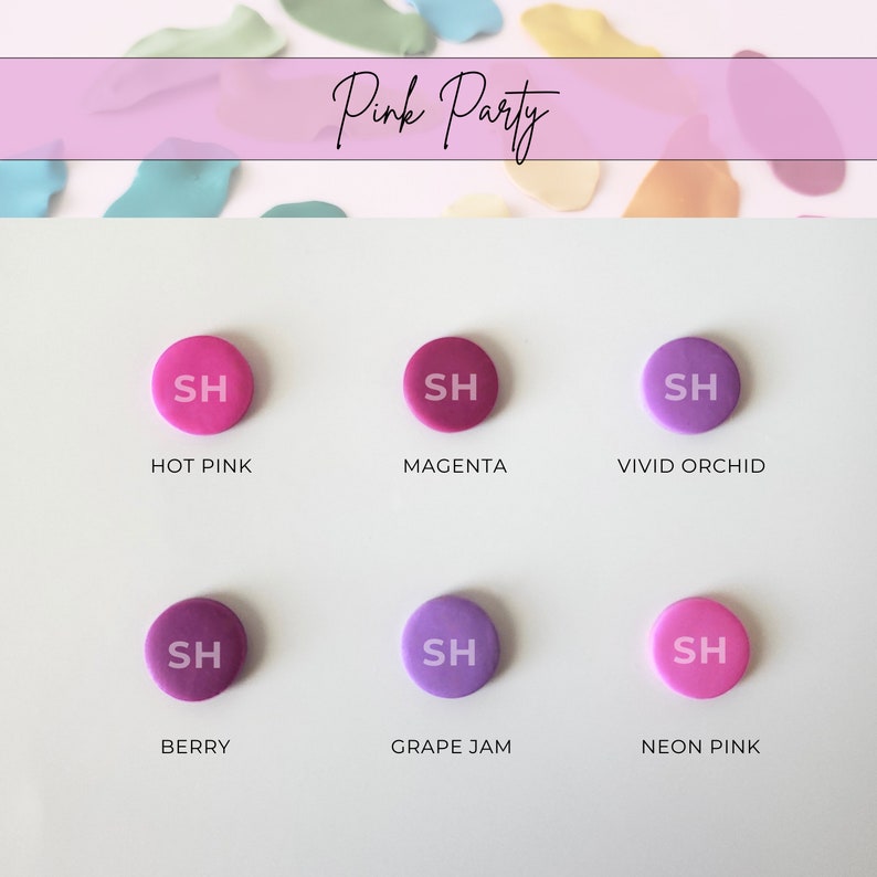 Puede incluir: Seis c&iacute;rculos planos de arcilla polim&eacute;rica redondos en varios tonos de rosa y morado. Cada c&iacute;rculo tiene las letras "SH" en letras blancas. Los c&iacute;rculos est&aacute;n etiquetados con los nombres de los colores: rosa intenso, magenta, orqu&iacute;dea vibrante, baya, mermelada de uva y rosa ne&oacute;n.