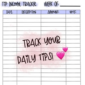 Op de afbeelding: Een printbare fooien-inkomsten tracker met een roze aquarel achtergrond en de tekst "TRACK YOUR DAILY TIPS!" in zwart. De tracker heeft kolommen voor datum, beschrijving, bedrag en notities.