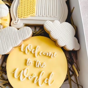 May include: A set of four yellow and white decorated cookies in a box. The cookies are shaped like a cot, a cloud, and a circle with the text "Welcome to the World".
