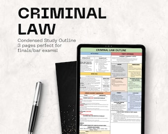 May include: A black tablet displays a "Criminal Law Outline" with sections on Actus Reus and Theft Offenses. A black pen and a black notebook with gold speckles are on the left. The text "CRIMINAL LAW" is at the top.