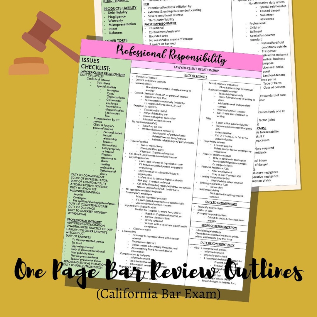 One Page Bar Prep Study Sheets real Outlines Used to Pass CA Bar Exam