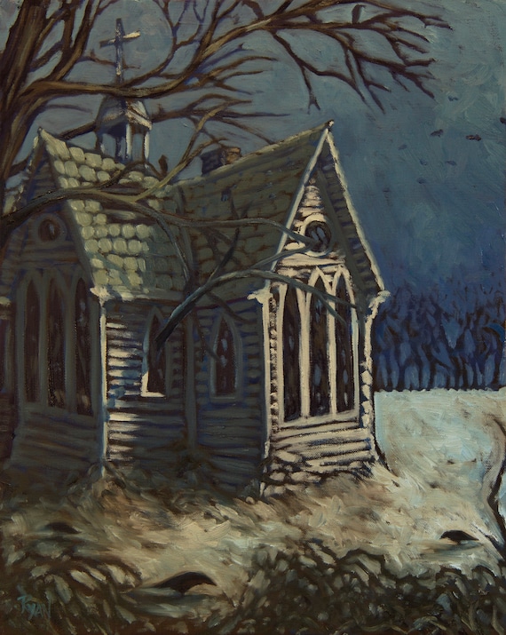 Original Oil Painting (16" x 20"), Abandoned Church, Winter