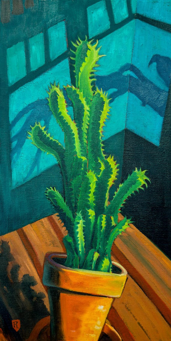 Original oil painting on canvas board (8" x 16"), Morning Cactus