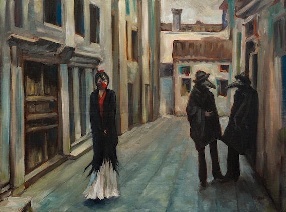 Original Oil Painting on Wood Panel (24" x 18"), A Street in Venice, 2020 - Pandemic