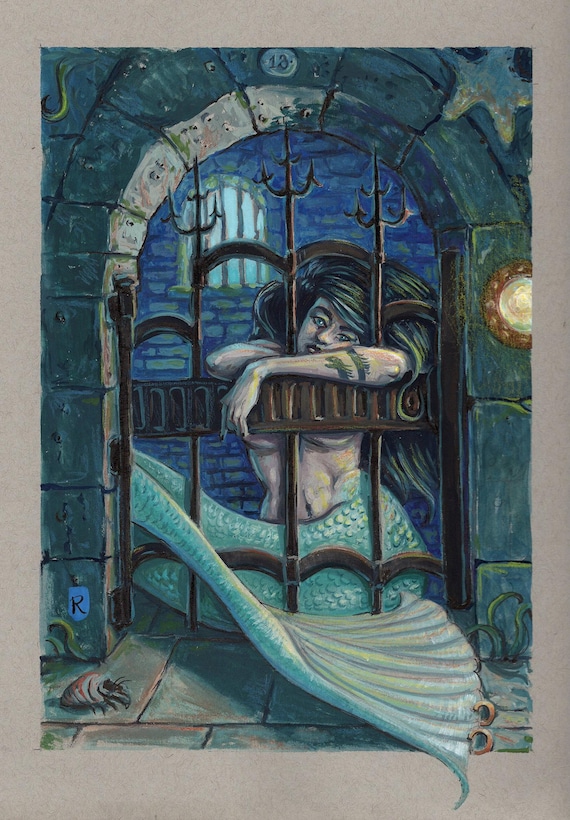 Original watercolor / gouache and ink painting on premium tinted paper (9" x 12"), Silent Siren