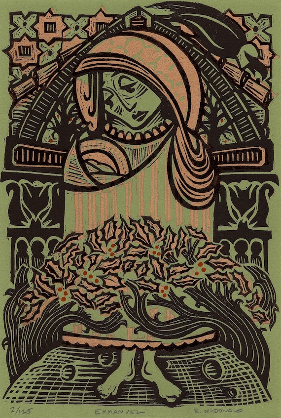 2-color hand-printed linocut print. Opaque dark brown and metallic bronze ink on acid-free green paper (5.75" x 8.5"), Emmanuel