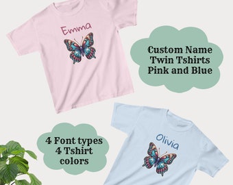 custom name twin kids butterfly print shirt Sibiling Tee gifted custom birthday t-shirt