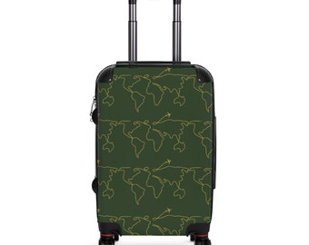 Weltkarten-Reisekoffer für Reisende, Weltreisender-Koffer, grüner Koffer, stilvoller Reisekoffer