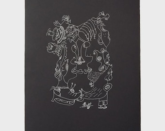 Original Zeichnung Abstraktes Doodle – Weiße Tusche auf schwarzem A4 Papier, surreale Wandkunst