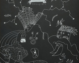 Original Hand-Drawn Dark Surrealism Art, All-Seeing Eye Mystical White Ink Black Paper