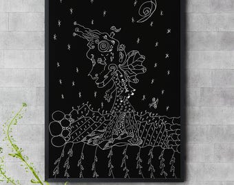 Mörk surrealism bläckteckning, monsterfekonsttryck, gotisk heminredning (A4-nedladdning)