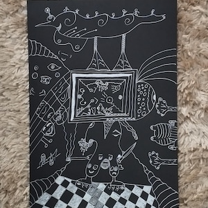 May include: A black rectangular art print featuring a white line drawing of a central figure holding a knife and a cigarette, standing on a checkered floor. Above the figure is a framed rectangular scene, a large bird-like shape, and various abstract symbols.