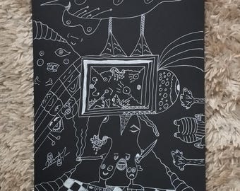 Original teckning av mörk surrealism – TV-huvud med statisk distorsion, vitt bläck på svart papper