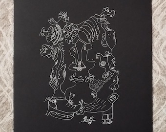 Original abstrakt klotterteckning – vitt bläck på svart A4-papper, surrealistisk väggkonst