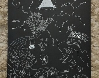 Original handritad mörk surrealismkonst, allseende öga mystiskt vitt bläck svart papper
