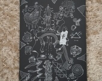 Shadow Knight – Original surrealistisk linjeteckning, handritad vit bläck på svart konstpapper, gotisk väggkonst, A4-illustration