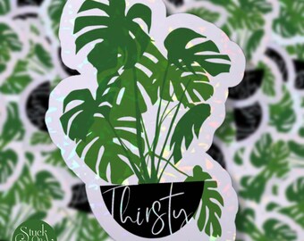 Pegatina de vinilo de planta Monstera sedienta: calcomanía holográfica impermeable