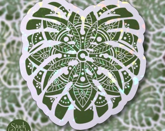 Pegatina de mandala de hoja: vinilo holográfico impermeable